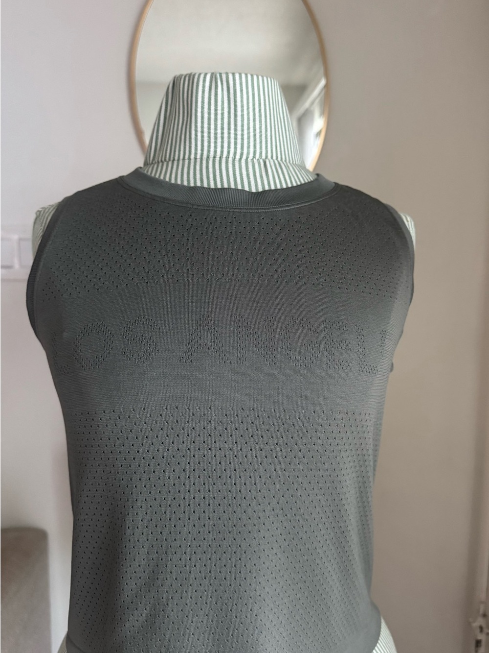 Olive Green Sleeveless Perforated Knit Top - 'Los Angeles' Detailed